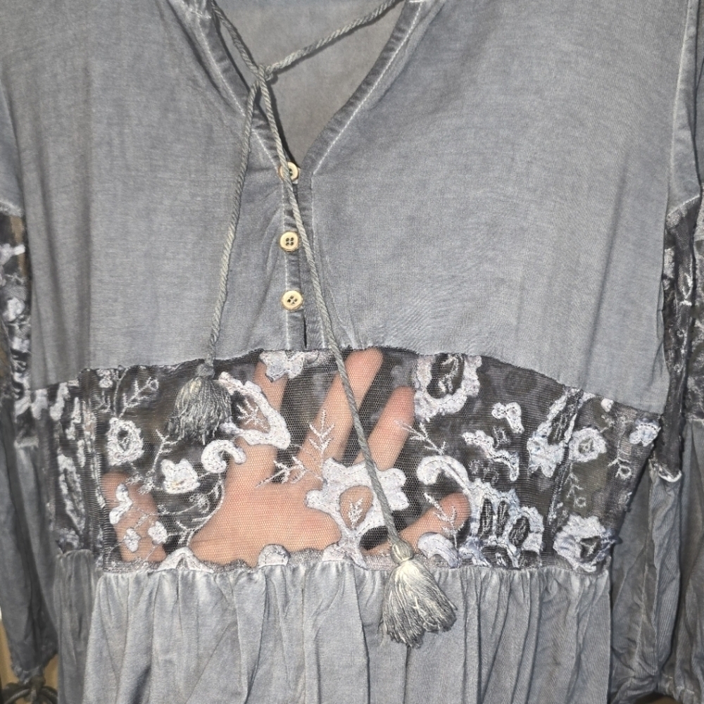 POL Boho Flowy Peasant Style Sheer Lace Panel Maxi Dress Blue-Gray Size Small - Picture 5 of 14